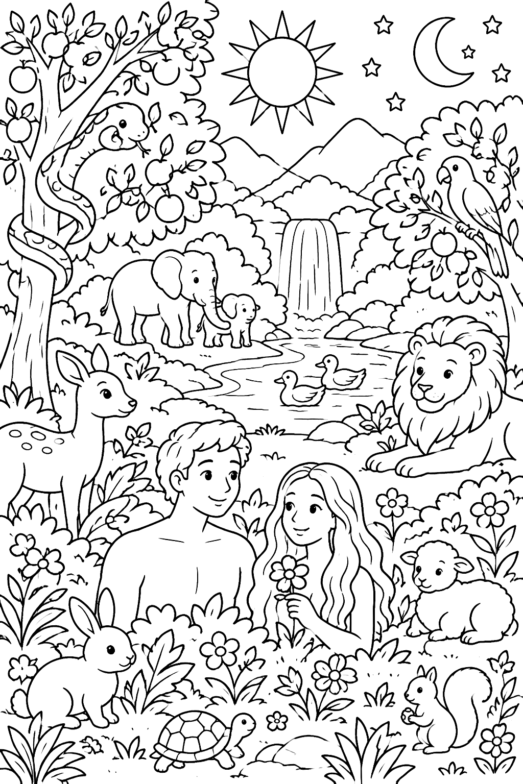 Creation scene of the garden of eden with trees, animals, sun and moon coloring page