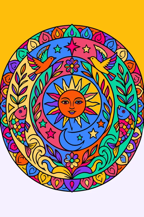 Creation mandala with sun, moon, stars, plants, fish and birds in ornate rings coloring page