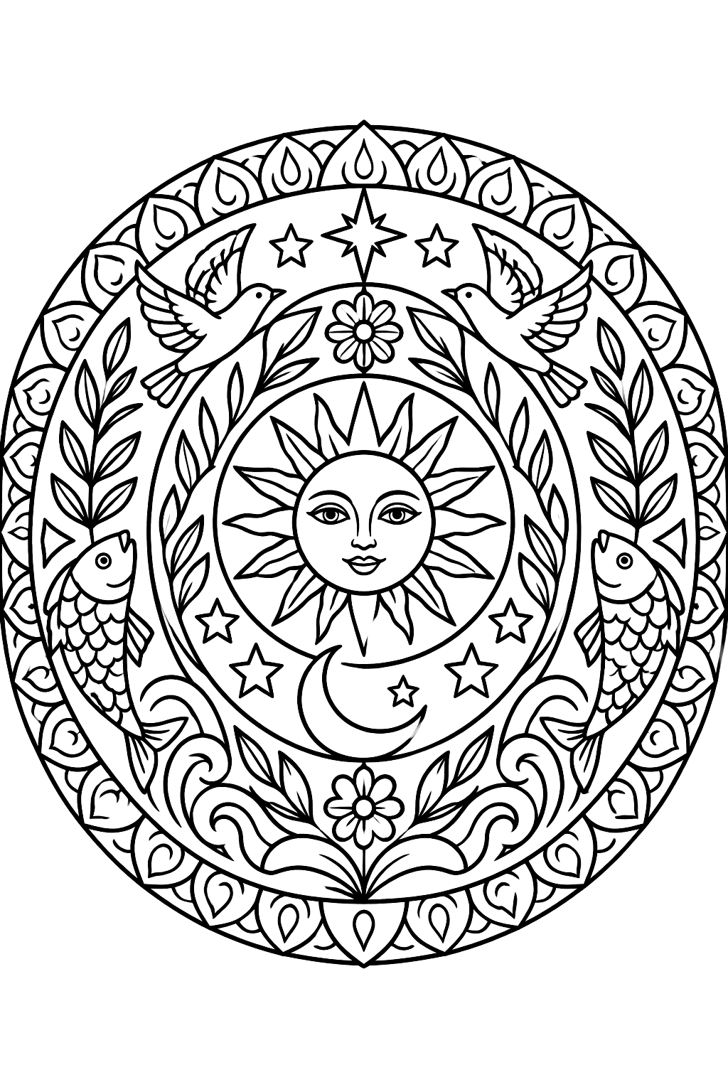 Creation mandala with sun, moon, stars, plants, fish and birds in ornate rings coloring page