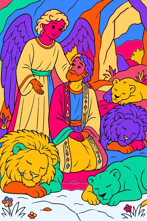 Daniel in the lions den with an angel and calm sleeping lions coloring page