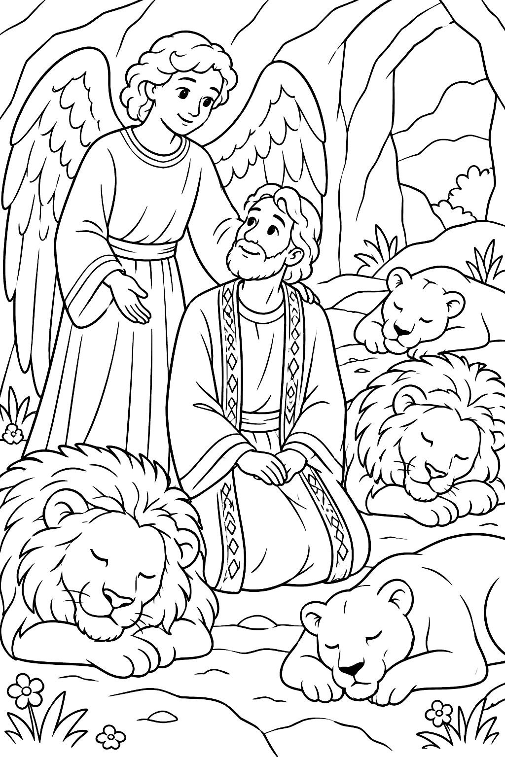 Daniel in the lions den with an angel and calm sleeping lions coloring page