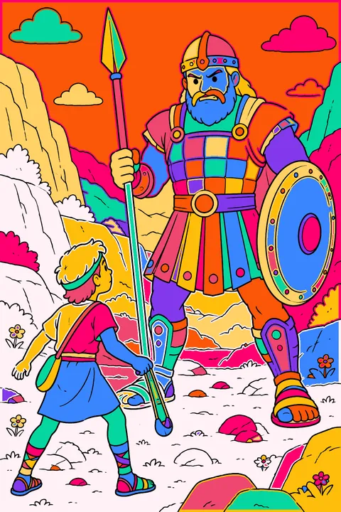 David with his sling facing the giant goliath in a rocky valley coloring page