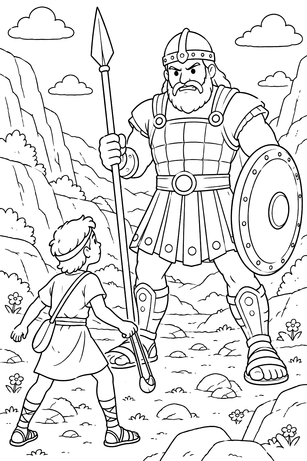 David with his sling facing the giant goliath in a rocky valley coloring page