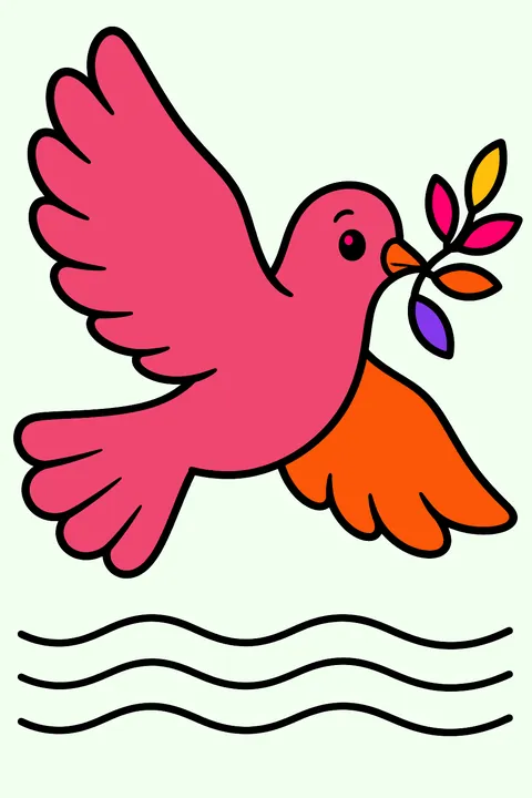 Dove flying with an olive branch in its beak over calm water coloring page