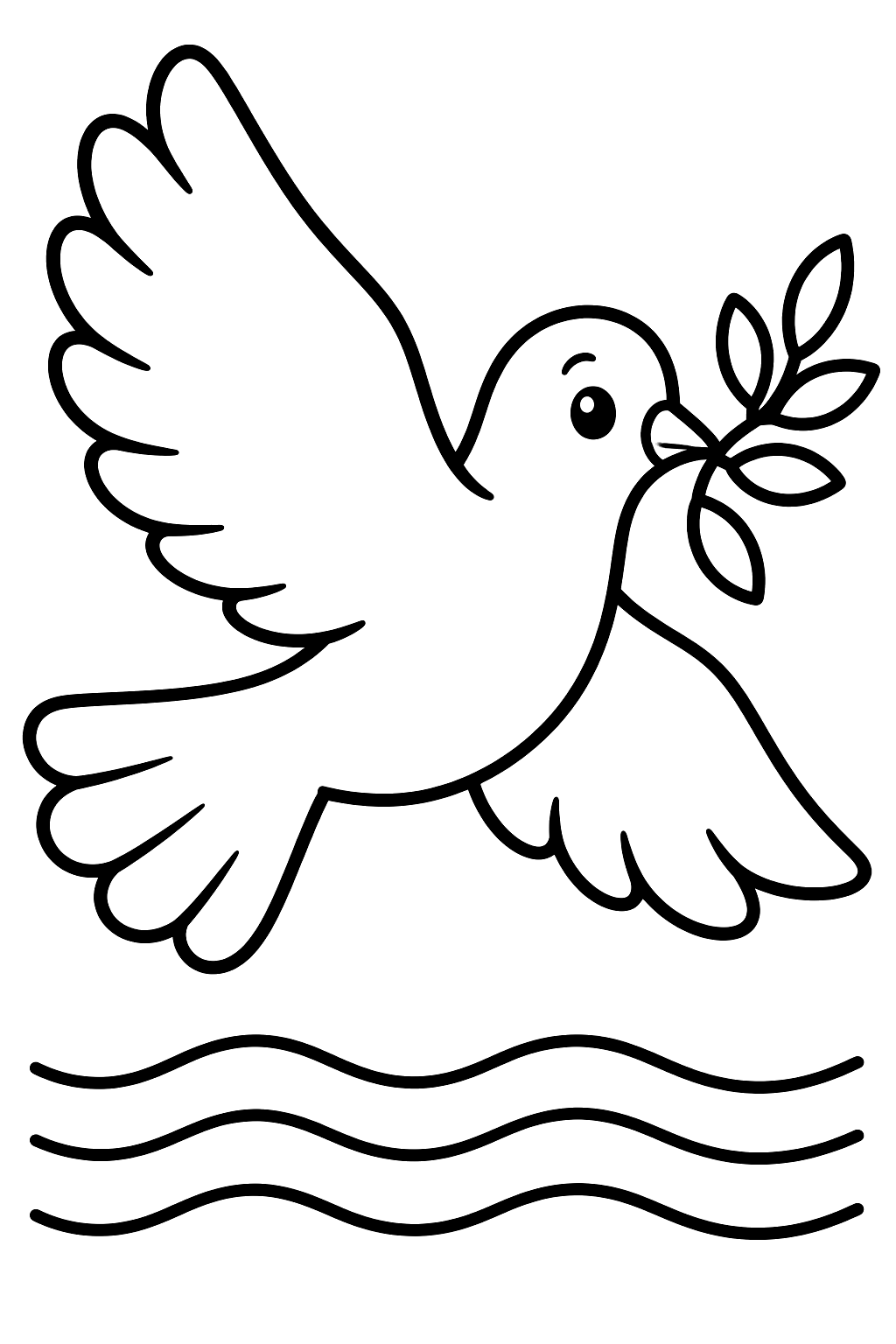 Dove flying with an olive branch in its beak over calm water coloring page