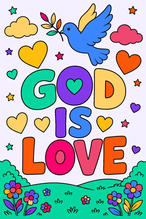 God is love written in big outline letters with hearts and a dove coloring page
