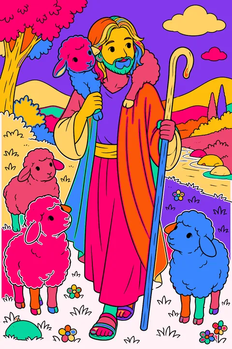 Good shepherd carrying a lamb on his shoulders with sheep nearby coloring page