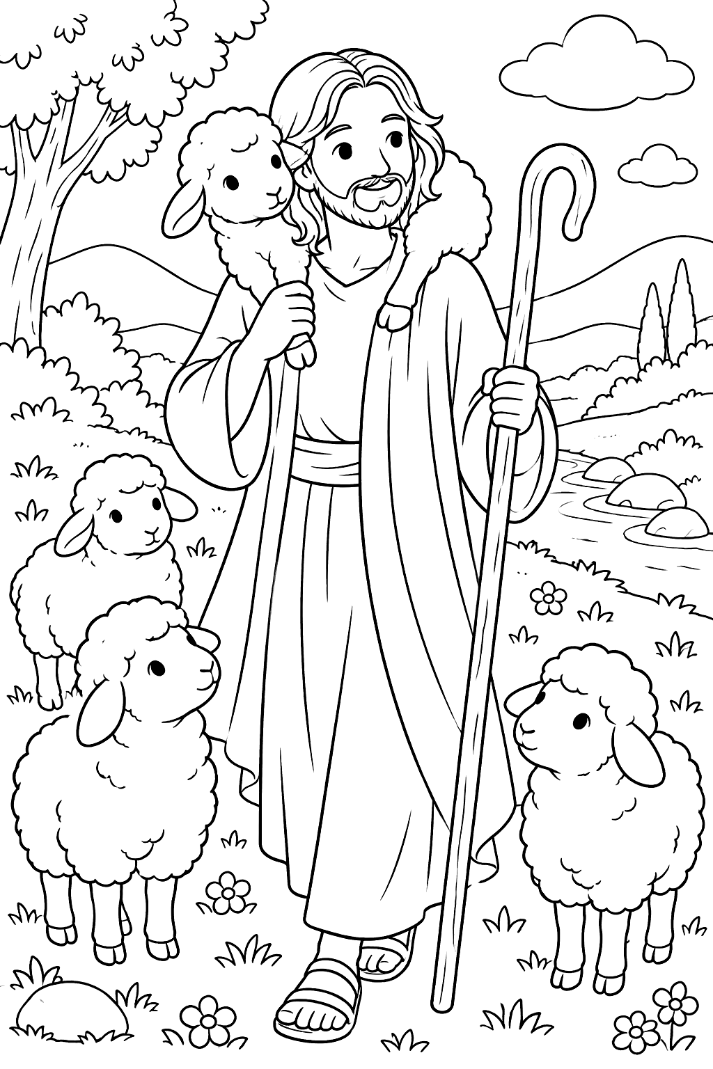 Good shepherd carrying a lamb on his shoulders with sheep nearby coloring page