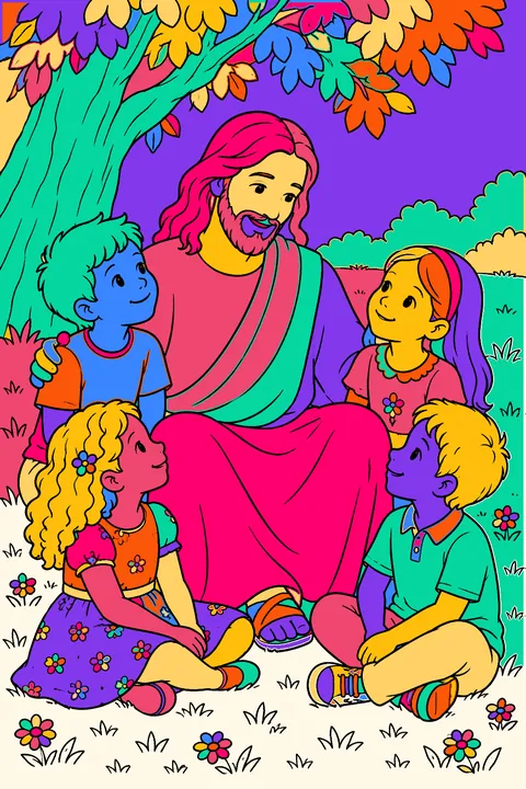 Jesus sitting with children gathered around him under a shady tree coloring page