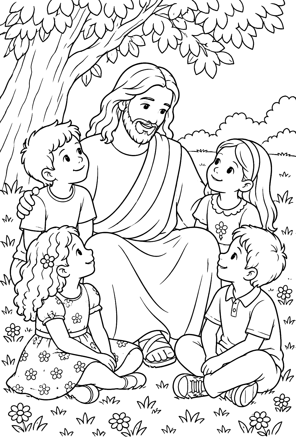 Jesus sitting with children gathered around him under a shady tree coloring page