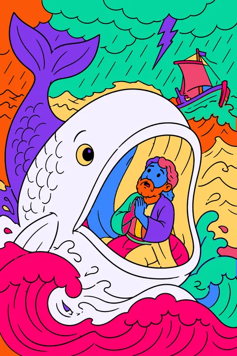 Jonah and the big fish in the stormy sea with rolling waves coloring page