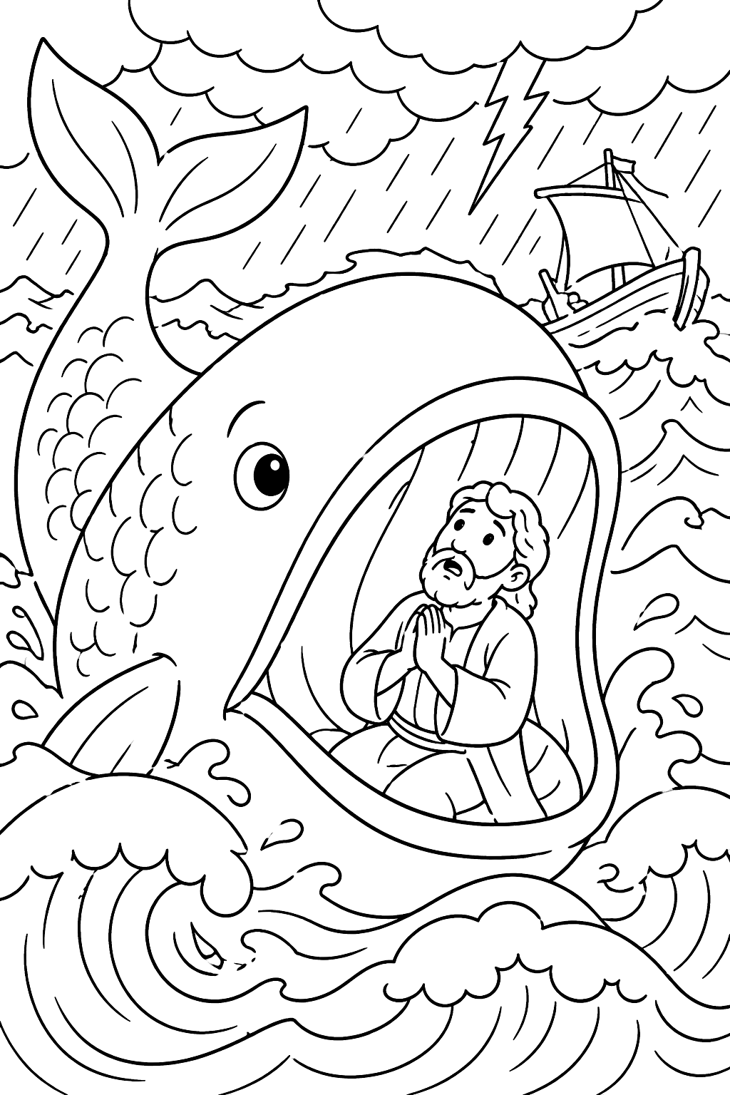 Jonah and the big fish in the stormy sea with rolling waves coloring page