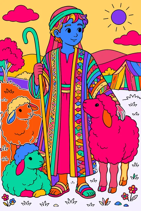 Joseph in his coat of many colors with stripes and patterns beside sheep coloring page