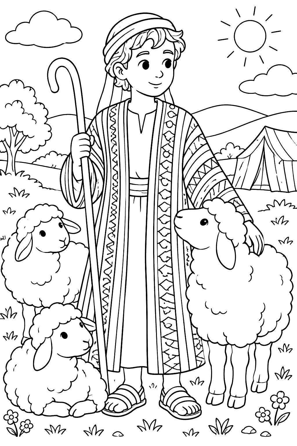 Joseph in his coat of many colors with stripes and patterns beside sheep coloring page