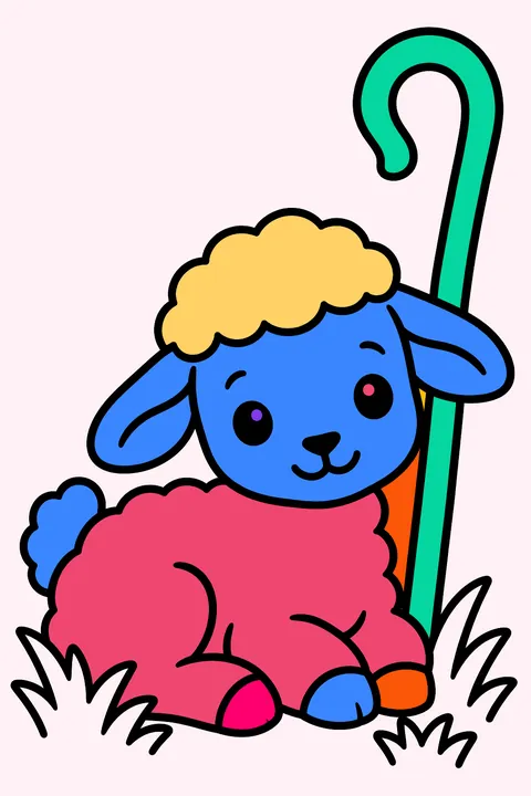 Little lamb resting in the grass beside a shepherd's staff coloring page