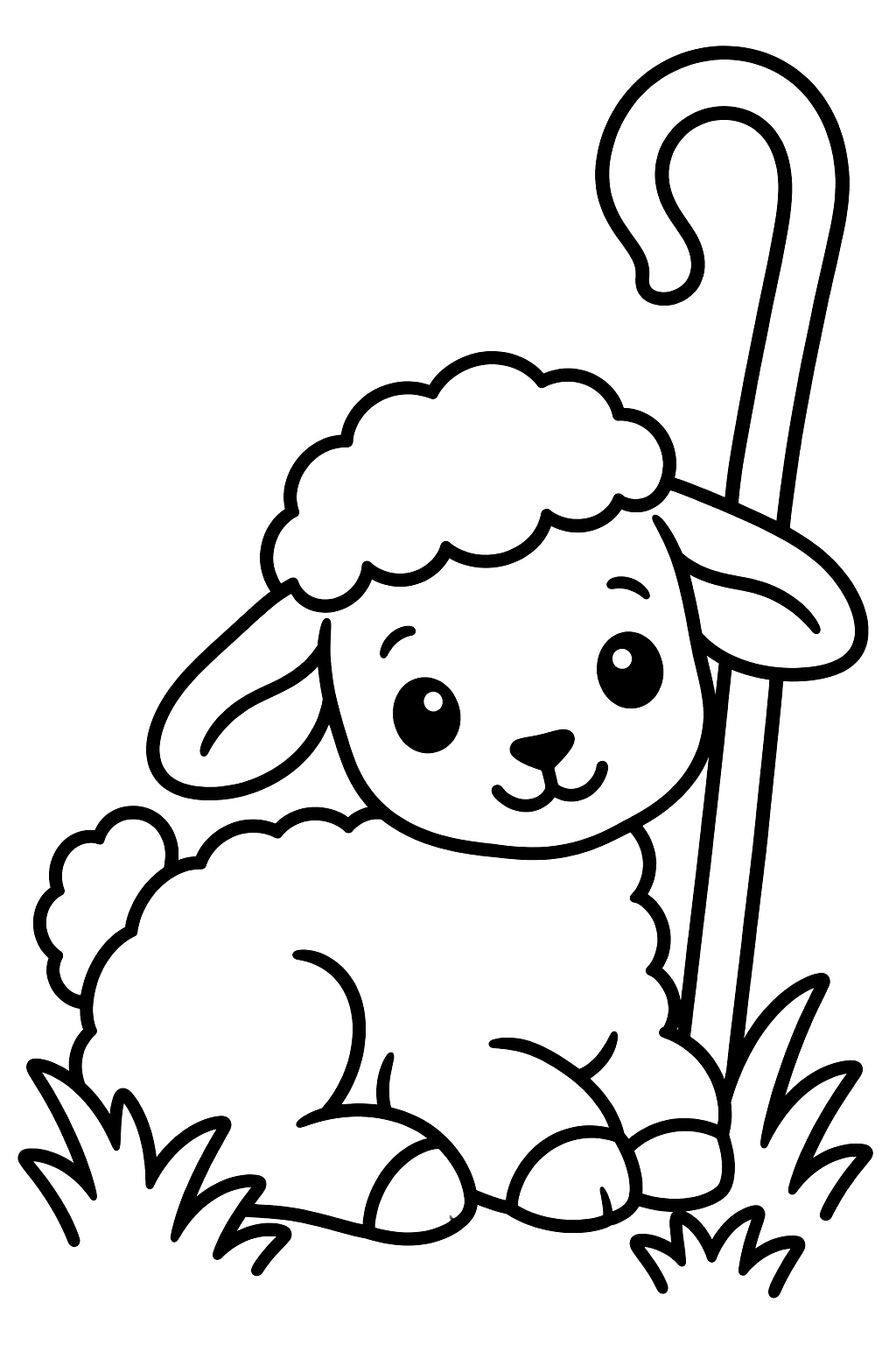 Little lamb resting in the grass beside a shepherd's staff coloring page