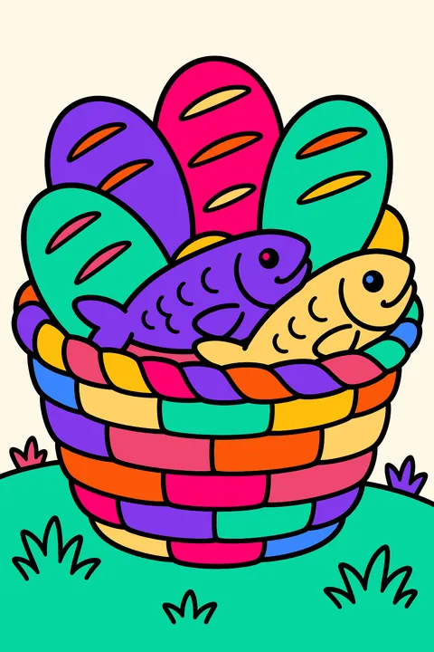 Five loaves and two fish in a woven basket on a grassy hillside coloring page