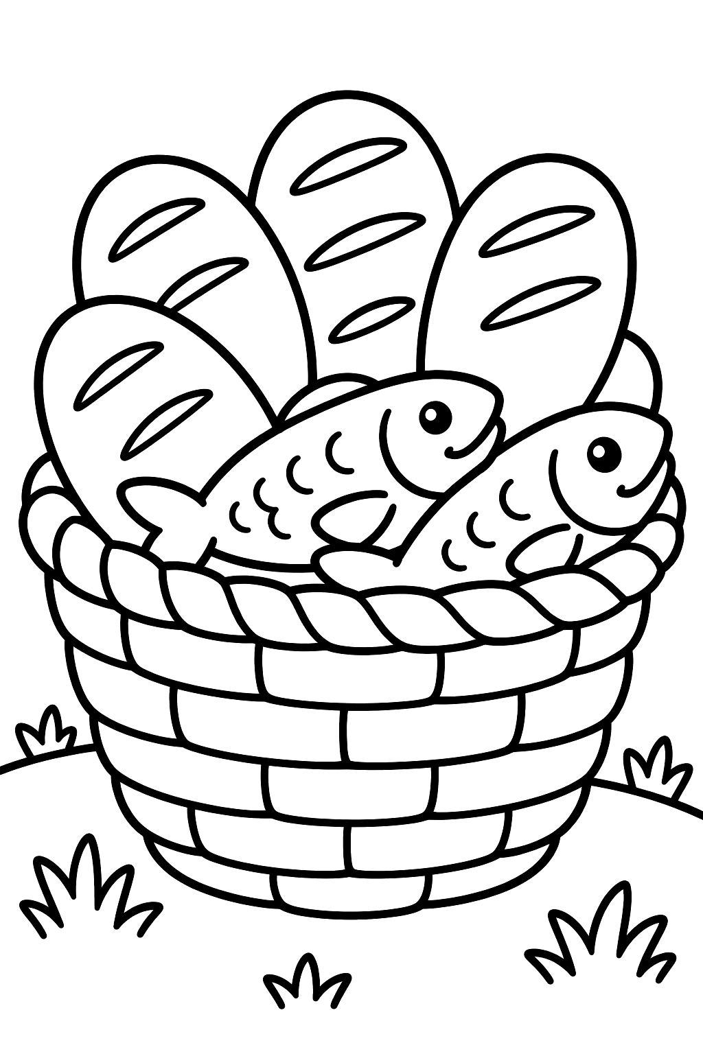 Five loaves and two fish in a woven basket on a grassy hillside coloring page
