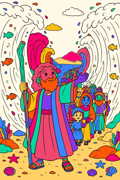 Moses parting the red sea with walls of water on each side coloring page