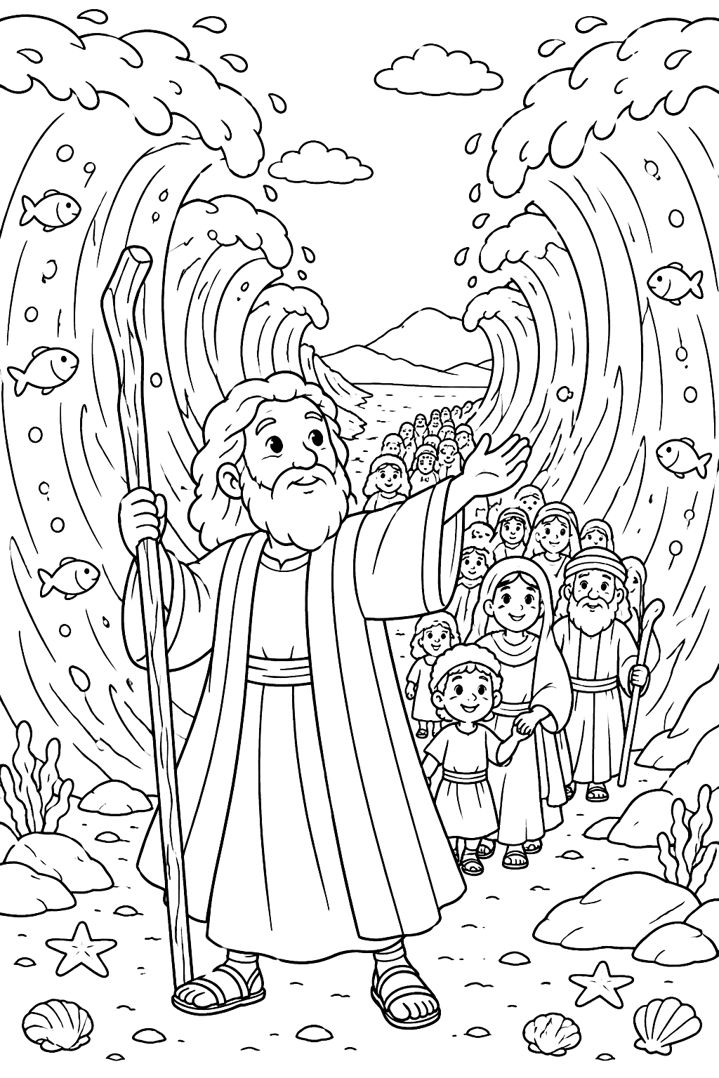 Moses parting the red sea with walls of water on each side coloring page