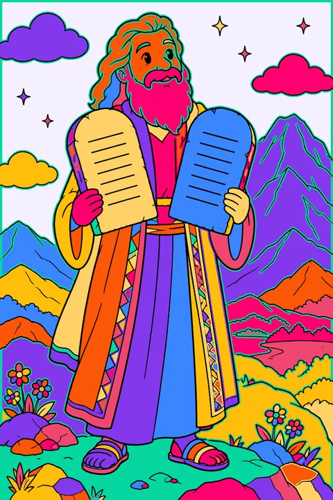 Moses holding the tablets of the ten commandments on a mountain coloring page