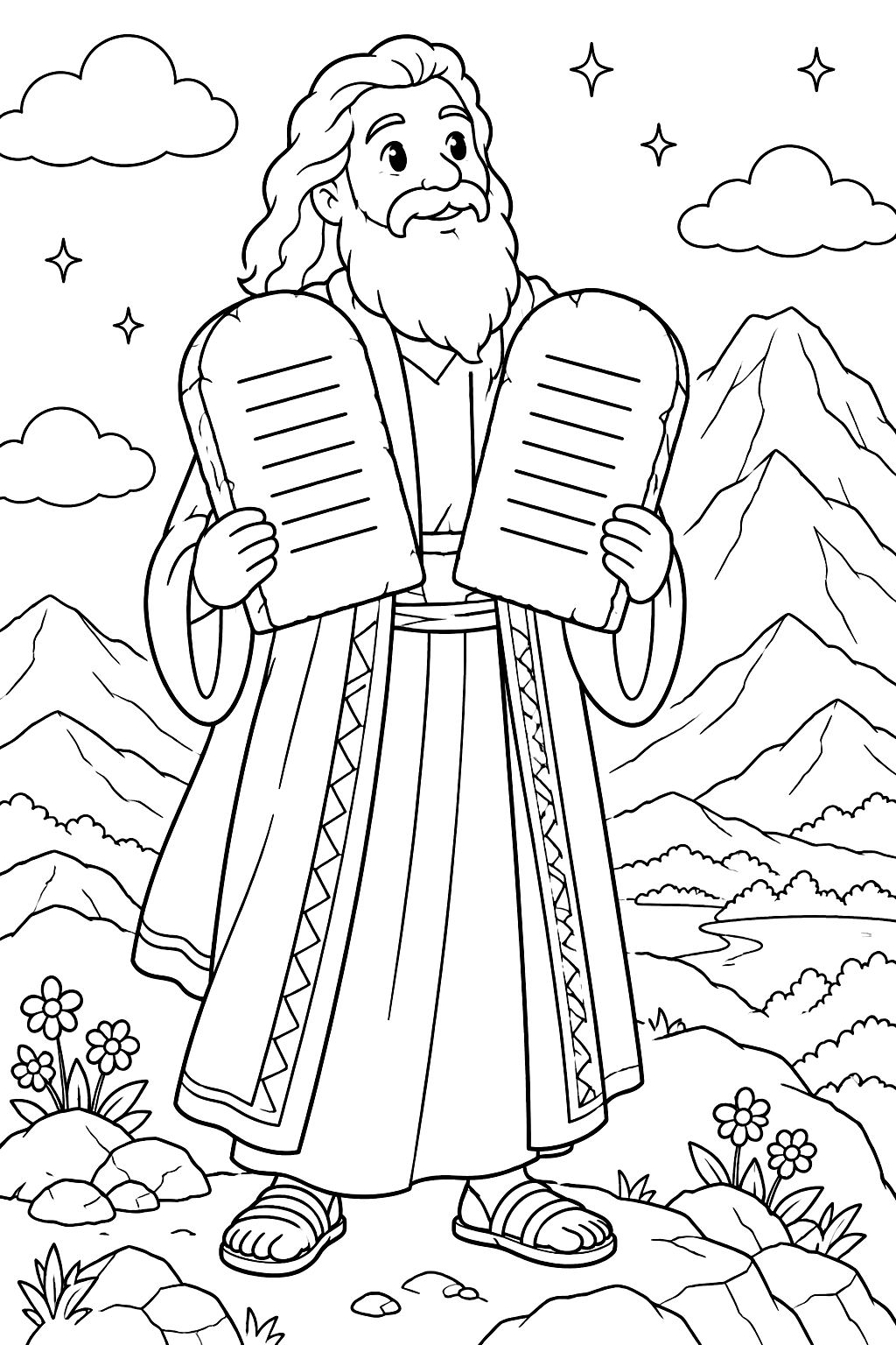Moses holding the tablets of the ten commandments on a mountain coloring page