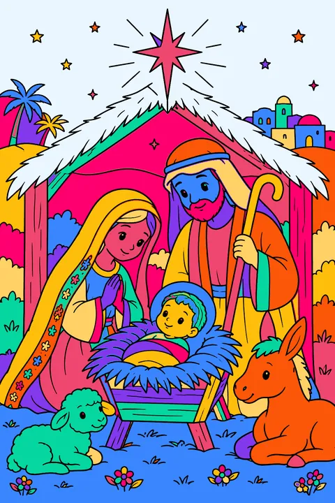 Nativity scene with baby jesus in a manger, mary, joseph and a star coloring page