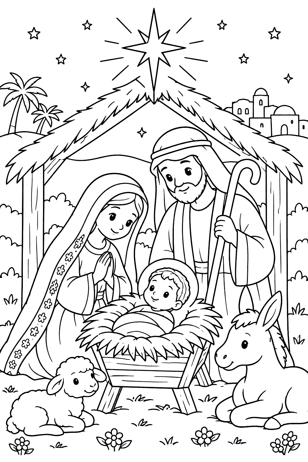 Nativity scene with baby jesus in a manger, mary, joseph and a star coloring page