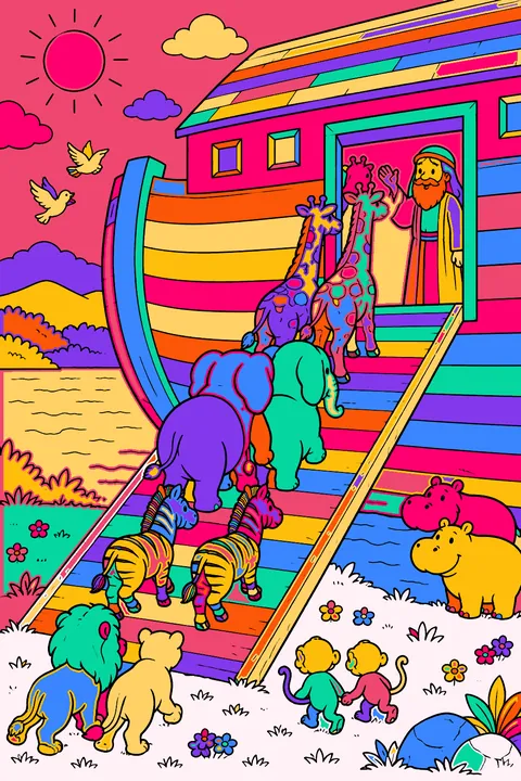 Noah's ark with animals walking two by two up the ramp coloring page