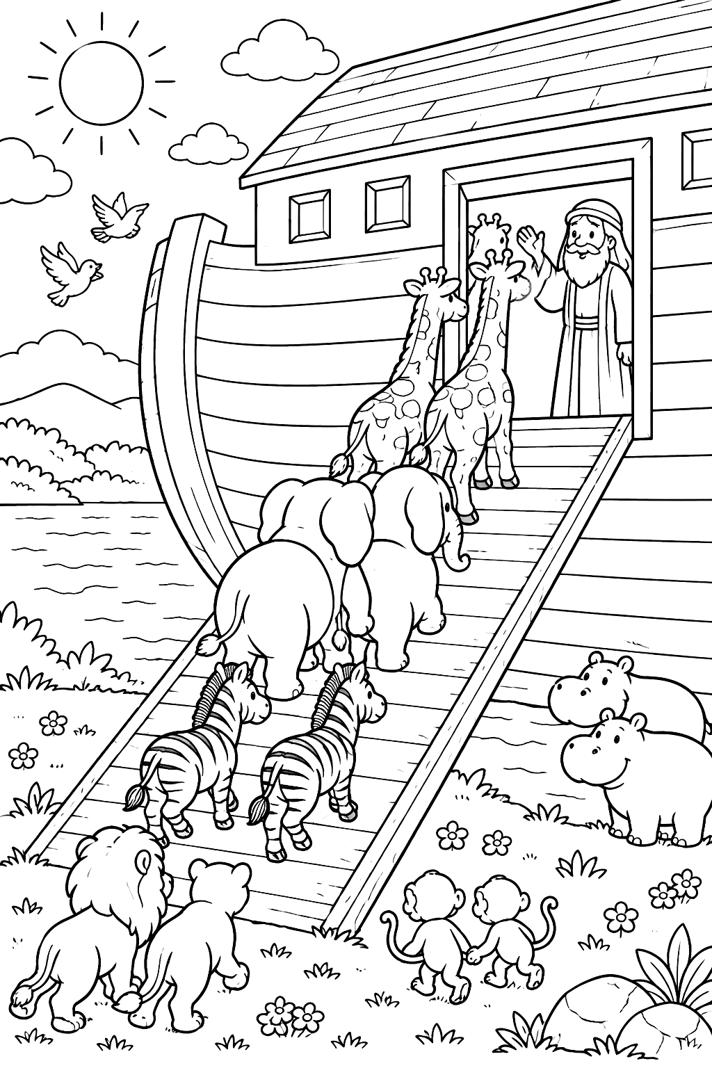 Noah's ark with animals walking two by two up the ramp coloring page