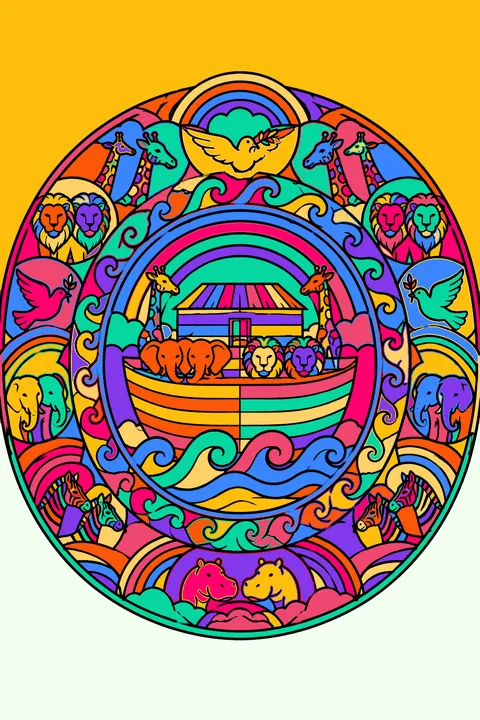 Noah's ark mandala with animals, waves and rainbows arranged in ornate rings coloring page