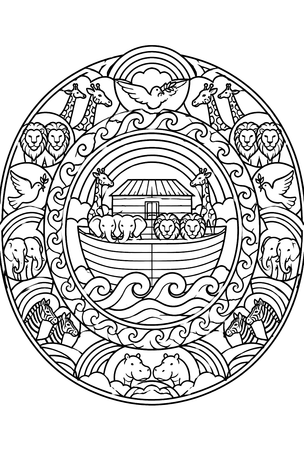 Noah's ark mandala with animals, waves and rainbows arranged in ornate rings coloring page