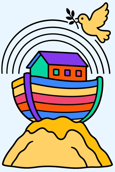 Noah's ark resting on a mountain under a rainbow with a dove coloring page