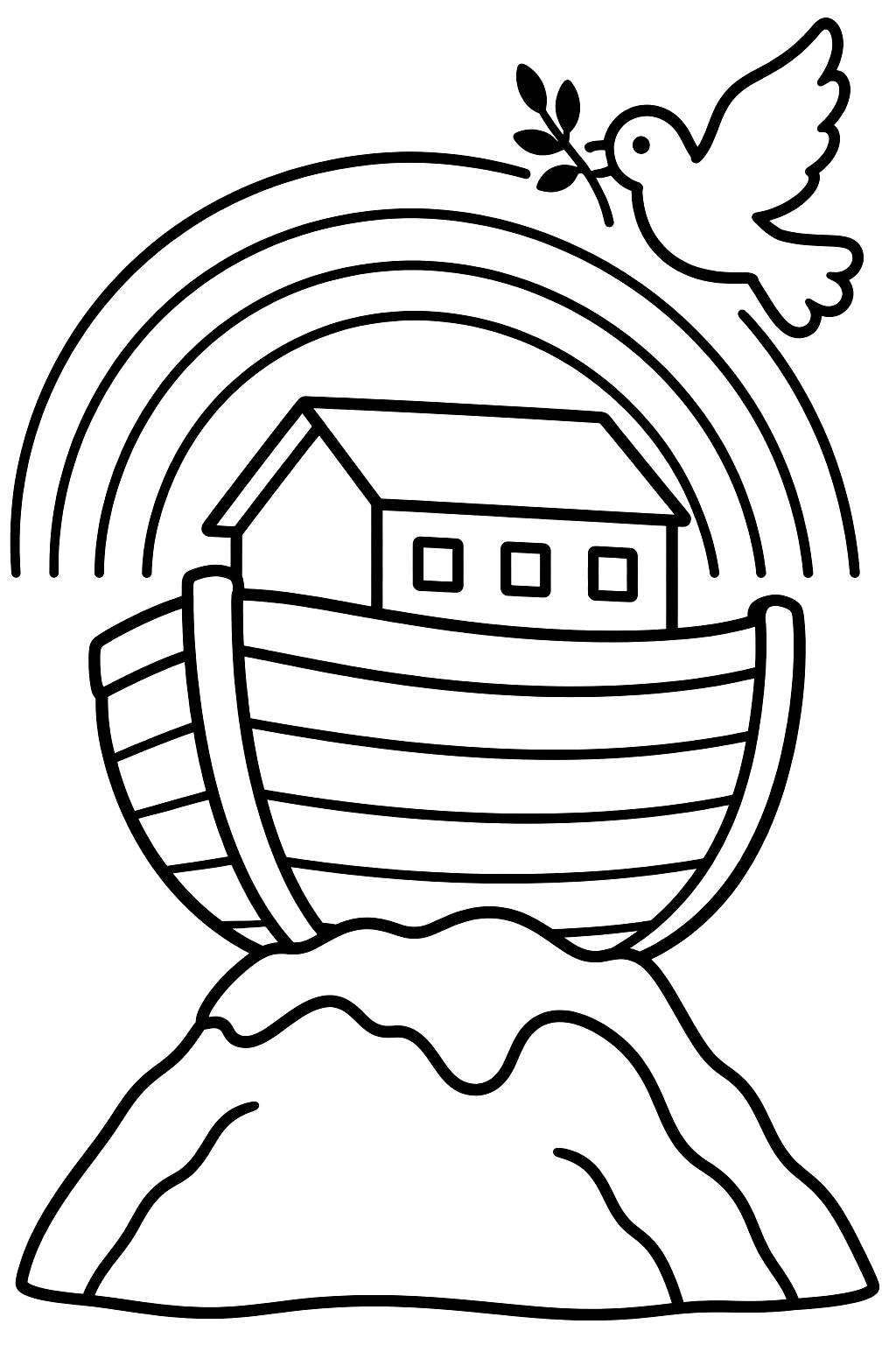 Noah's ark resting on a mountain under a rainbow with a dove coloring page
