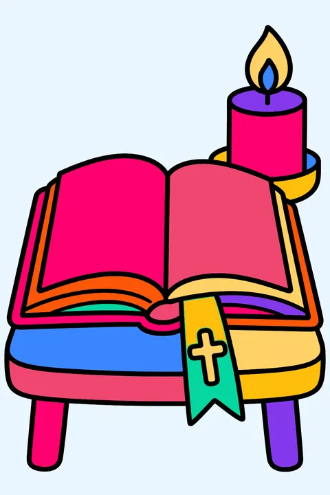 Open bible with a cross bookmark resting on a table beside a candle coloring page