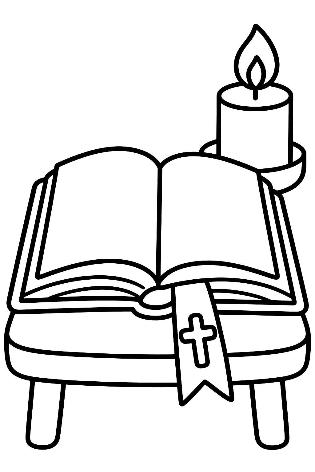 Open bible with a cross bookmark resting on a table beside a candle coloring page