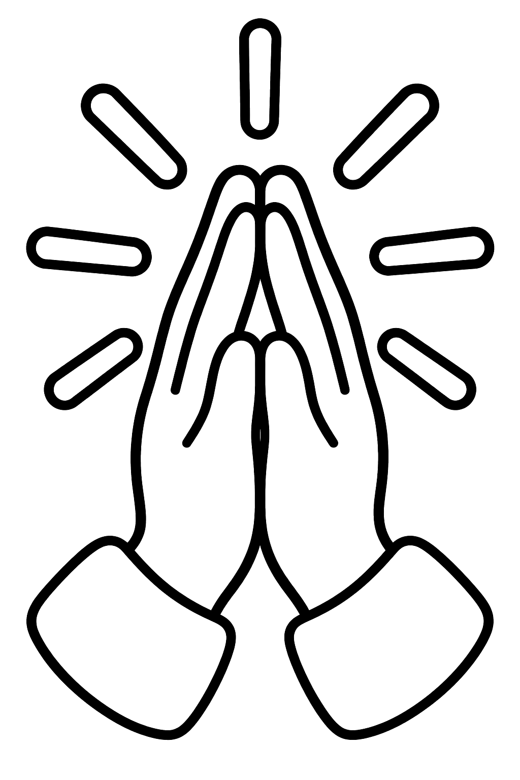Praying hands with simple rays of light shining behind them coloring page