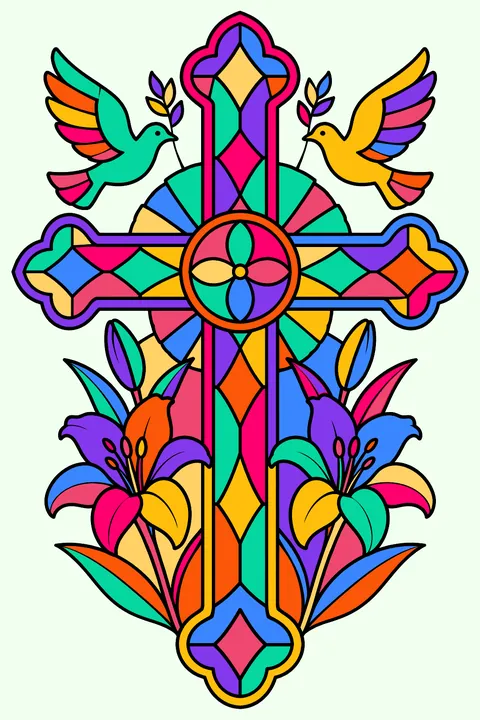 Stained glass cross with lilies, doves and ornate geometric panes coloring page