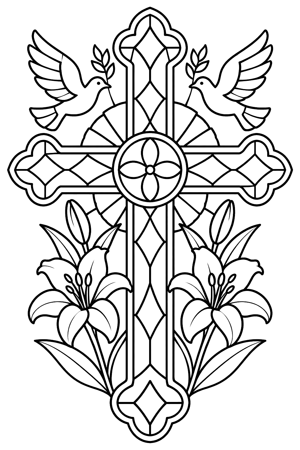 Stained glass cross with lilies, doves and ornate geometric panes coloring page