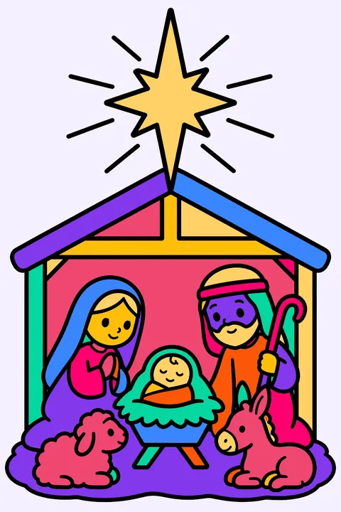 Star of bethlehem shining over a small stable on a quiet night coloring page