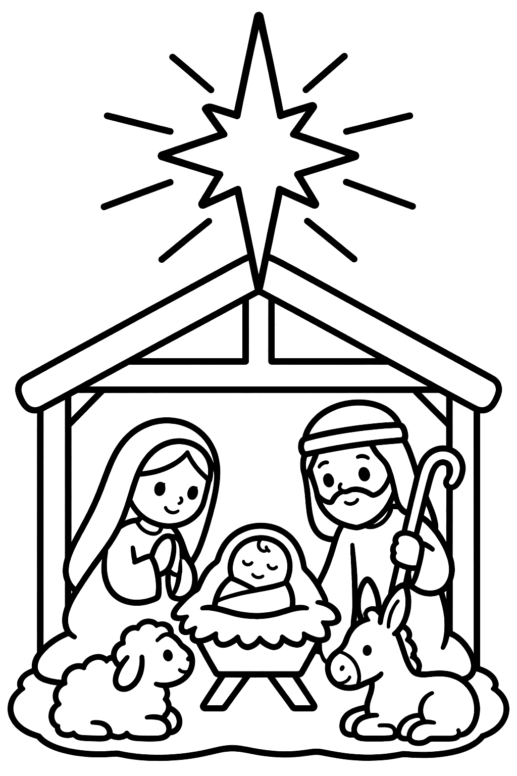 Star of bethlehem shining over a small stable on a quiet night coloring page