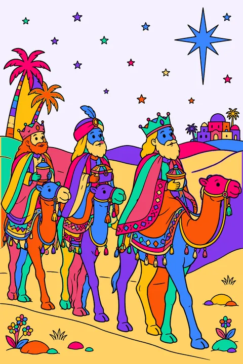 Three wise men riding camels following a bright star across the desert coloring page