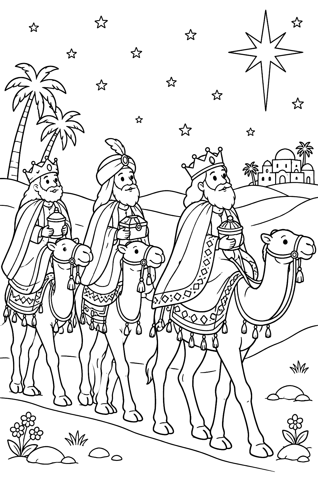 Three wise men riding camels following a bright star across the desert coloring page
