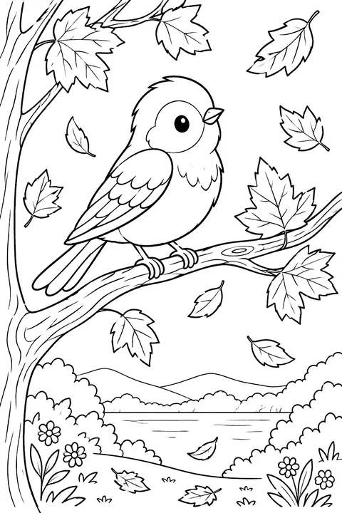 Bird on a branch with falling autumn leaves coloring page