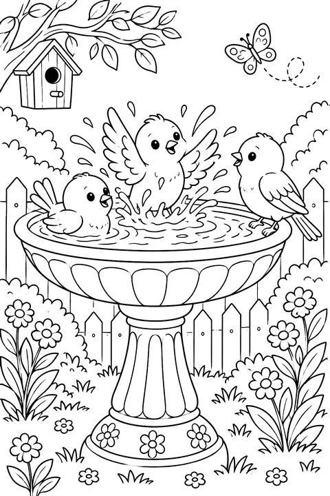 Birds splashing in a garden bird bath coloring page