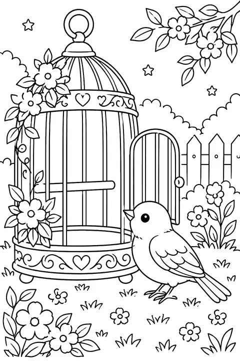 Bird sitting outside an open decorative birdcage with flowers coloring page