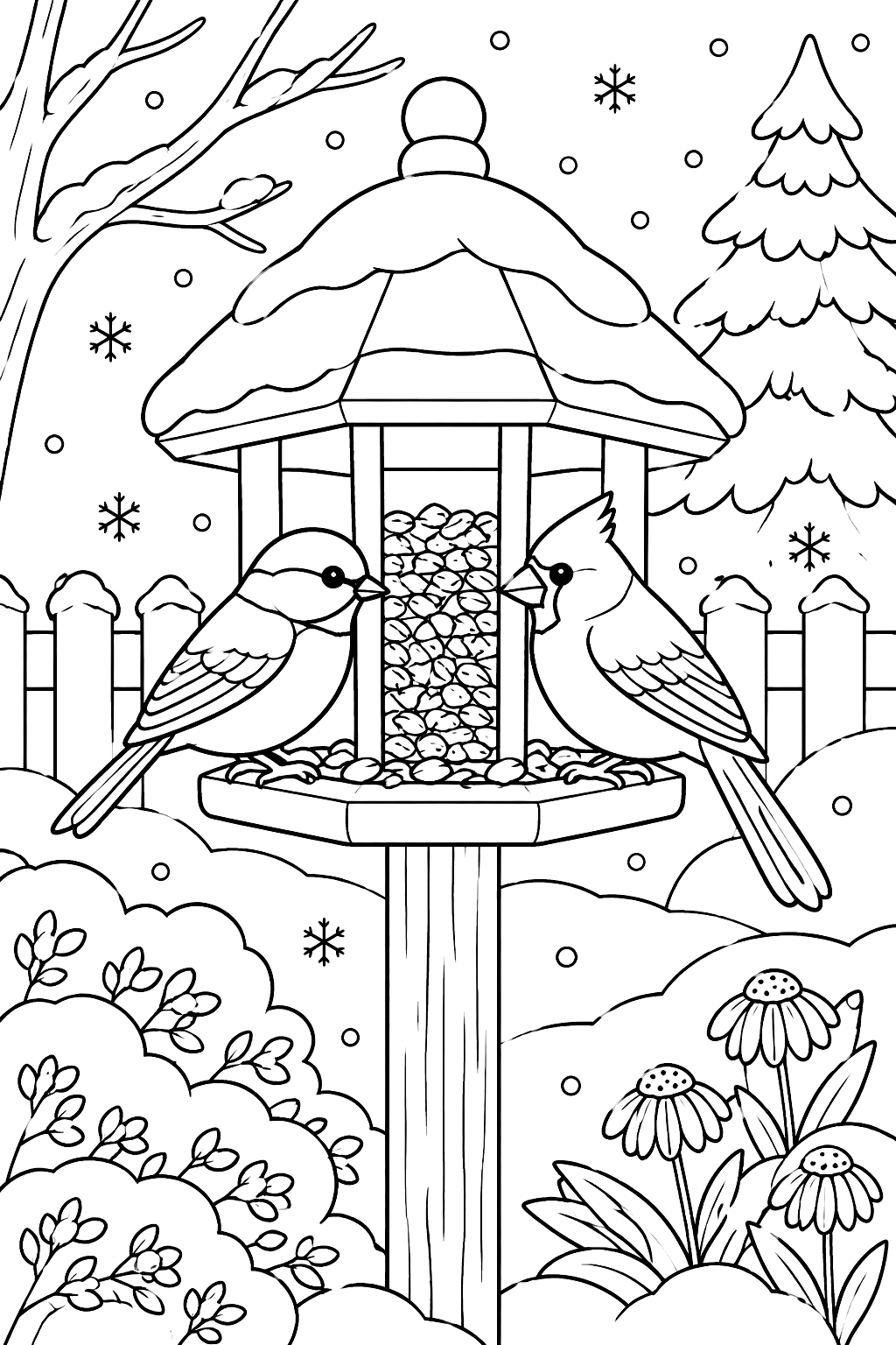 Two birds at a bird feeder in a snowy garden coloring page