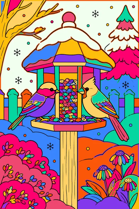 Two birds at a bird feeder in a snowy garden coloring page