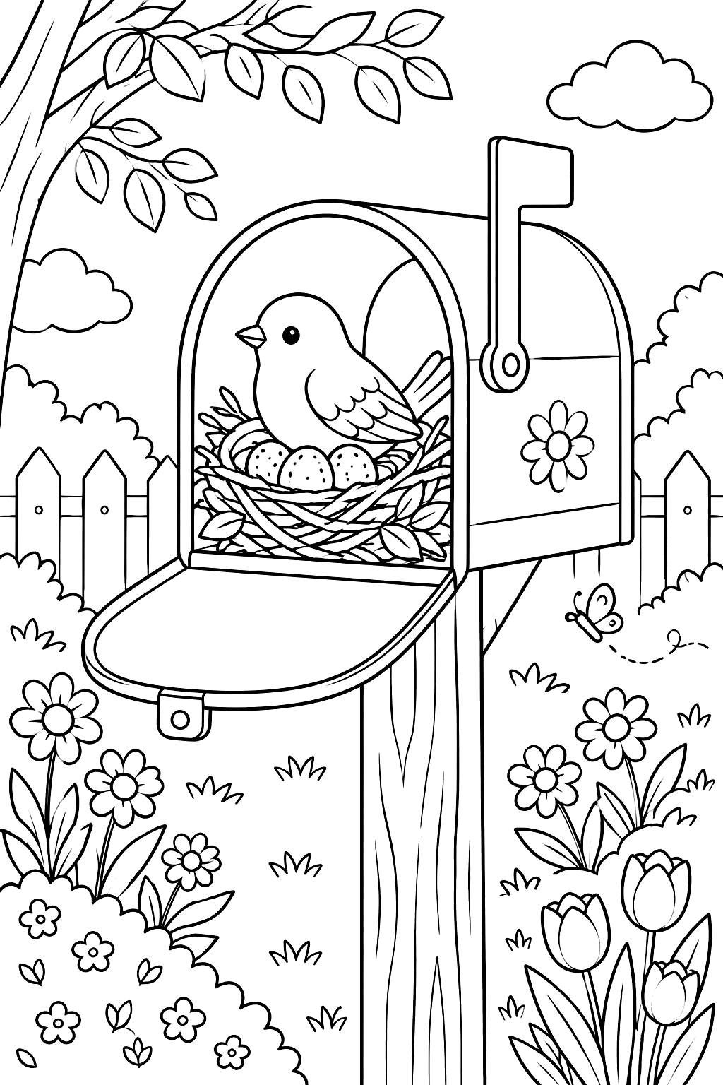 Bird nesting in a garden mailbox coloring page