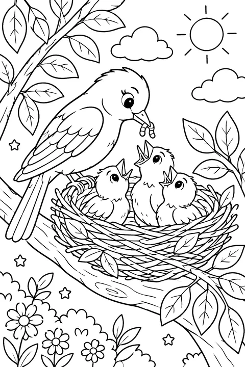 Mother bird feeding baby birds in a nest on a branch coloring page